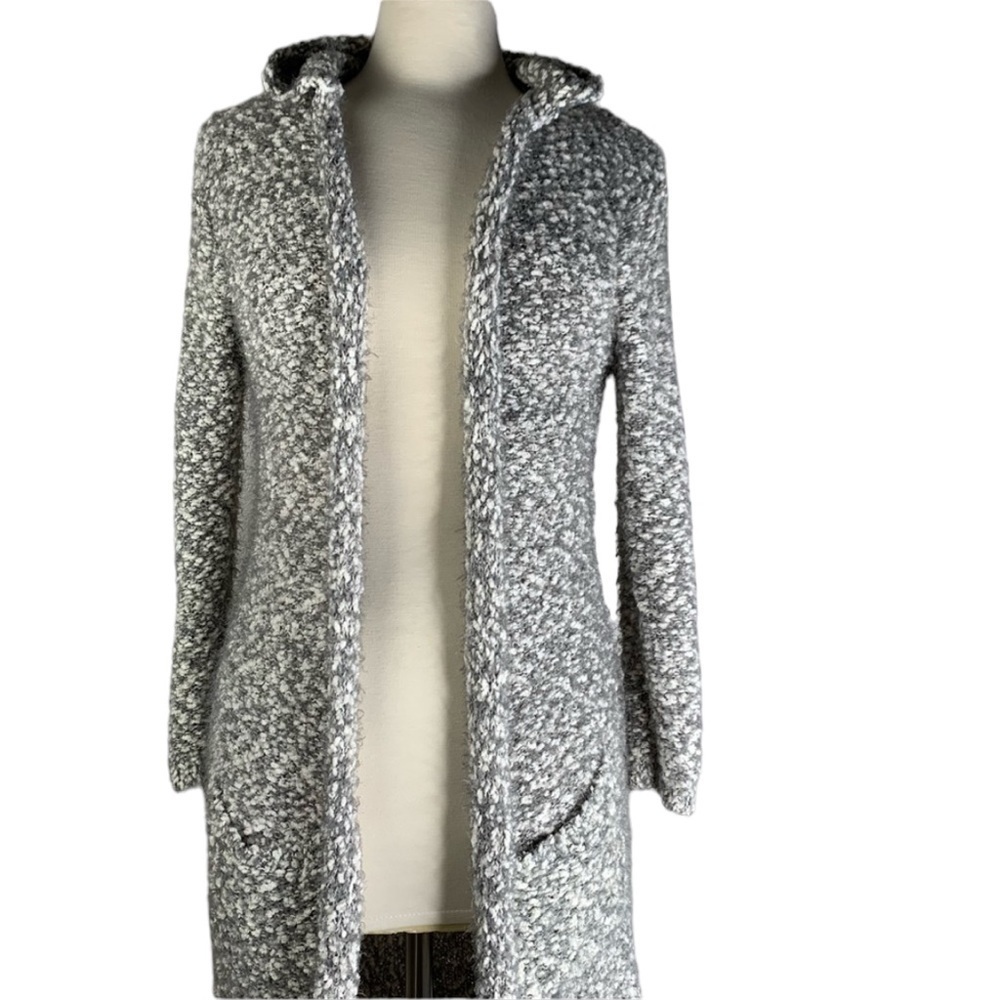 Like New Poof Apparel Gray & White Hooded MIDI Length Sweater Cardigan Size Med.